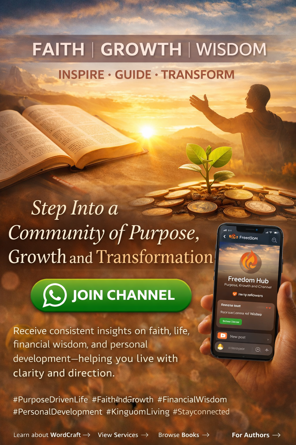 WordCraft WhatsApp Channel hero image showing faith, growth, wisdom and personal development with a call to join the community